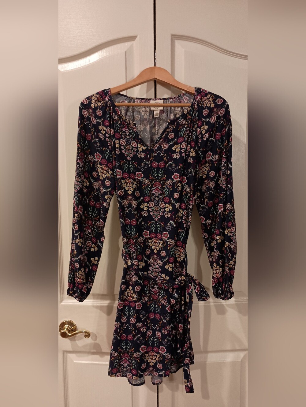 St. John's Bay Navy Floral Dress waist tie with Long Sleeves